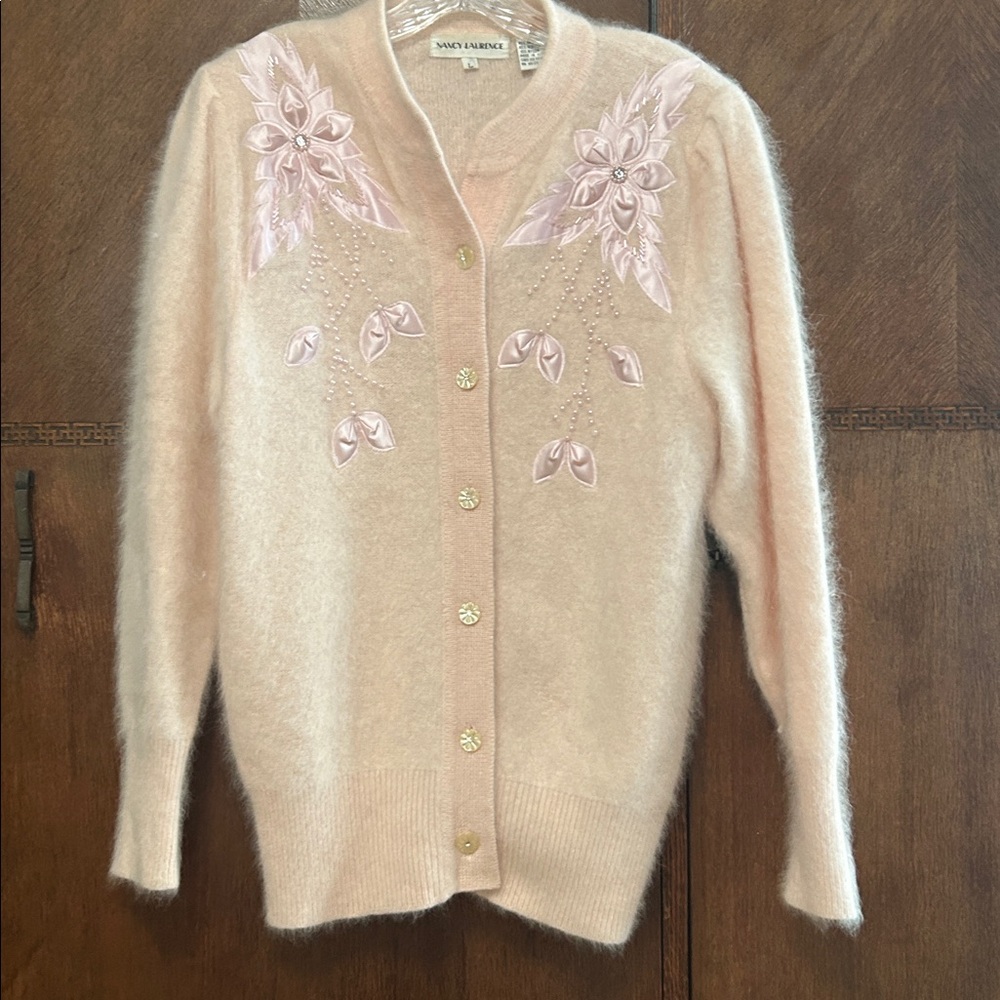 Nancy Laurence cardigan featuring pink satin floral, pearl beads. Size L